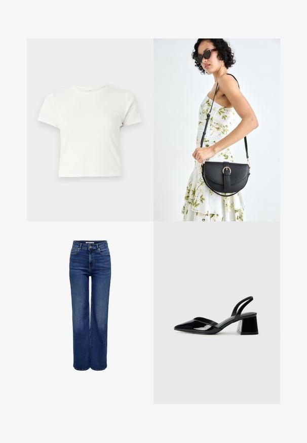 Rövid, fehér, pamut póló, rövid ujjakkal, kerek kivágással és egyenes szegéllyel, sima textúrával és letisztult dizájnnal.; Magasderekú, bőszárú farmer sötétkék anyagból, gombos záródással, öt zsebbel és kontrasztos varrásrészletekkel.; Fekete lakk bőr szandálkés magas sarkú cipő, hegyes orral és geometrikus tömbsarkakkal. Karcsú, minimalista dizájn és sima textúra jellemzi.; Fekete bőrtáska ívelt formával, levehető pánttal és arany színű fémrészekkel. A táskán egy csattal díszített fedél található.