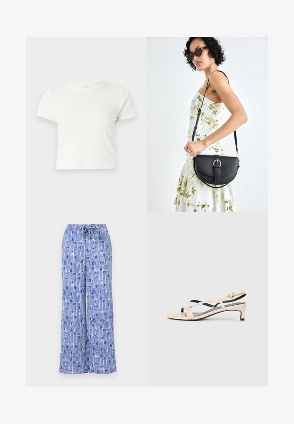 Rövid, fehér, pamut póló, rövid ujjakkal, kerek kivágással és egyenes szegéllyel, sima textúrával és letisztult dizájnnal.; Kék mintás, bőszárú nadrág, húzózsinórral, könnyű anyagból készült, fehér absztrakt vonalformákkal.; Beige bőr női szandál, keresztpántos kialakítással, alacsony sarokkal és fekete kiegészítőkkel. Simogató tapintás és minimál stílus.; Fekete bőrtáska ívelt formával, levehető pánttal és arany színű fémrészekkel. A táskán egy csattal díszített fedél található.