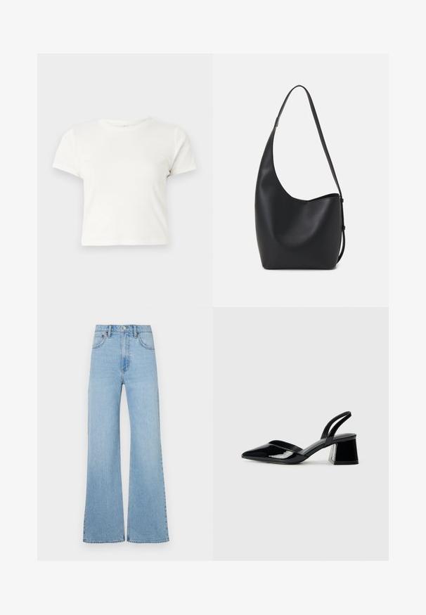 T-shirt blanc court en coton avec des manches courtes, un col rond et un ourlet droit, présentant une texture lisse et un design minimal.; Jeans bleu clair au design large, fabriqués en denim. Dotés d'une fermeture à bouton, de cinq poches et de détails de couture minimalistes.; Escarpins en cuir verni noir avec bout pointu et talon bloc géométrique. Présente un design élégant et minimaliste ainsi qu'une texture lisse.; Sac hobo en cuir noir avec une texture lisse, une forme incurvée et une seule sangle réglable ; dispose d'une large ouverture en haut.
