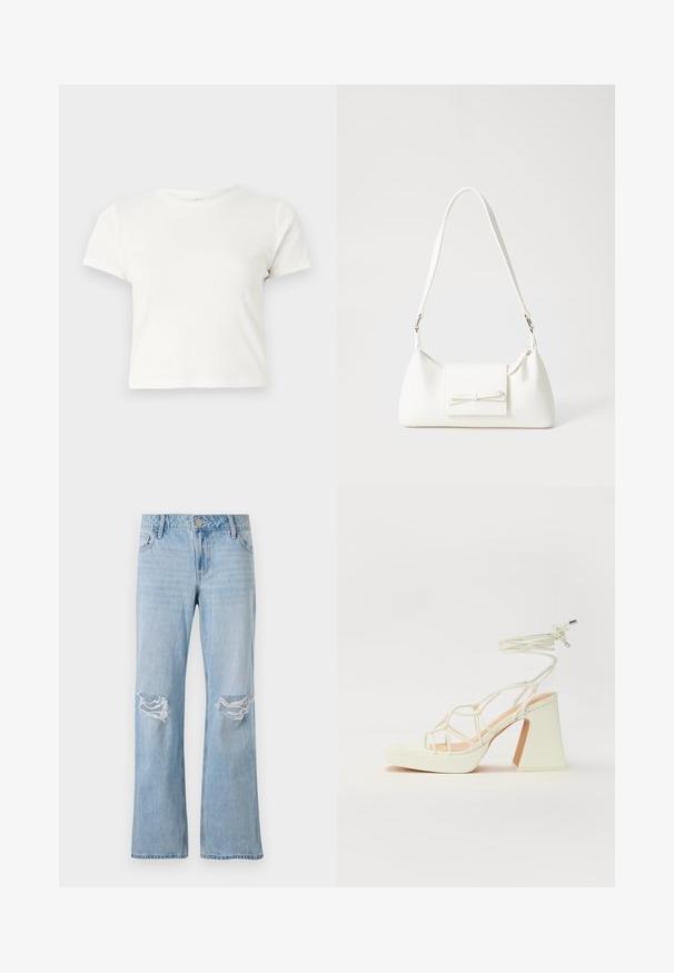 T-shirt branca curta feita de algodão, com mangas curtas, um decote redondo e uma bainha reta, apresentando uma textura suave e um design minimalista.; Jeans de denim azul claro com um design de perna reta, apresentando dois rasgos nos joelhos, um fecho de botão metálico e cinco bolsos.; Sandálias brancas de salto alto com um salto robusto, apresentando um design com tiras e amarração no tornozelo. Textura suave com uma plataforma na frente para altura adicional.; Mala sintética branca com formato triangular, aba frontal plana e detalhe de laço, alça ajustável, textura suave e design minimalista.