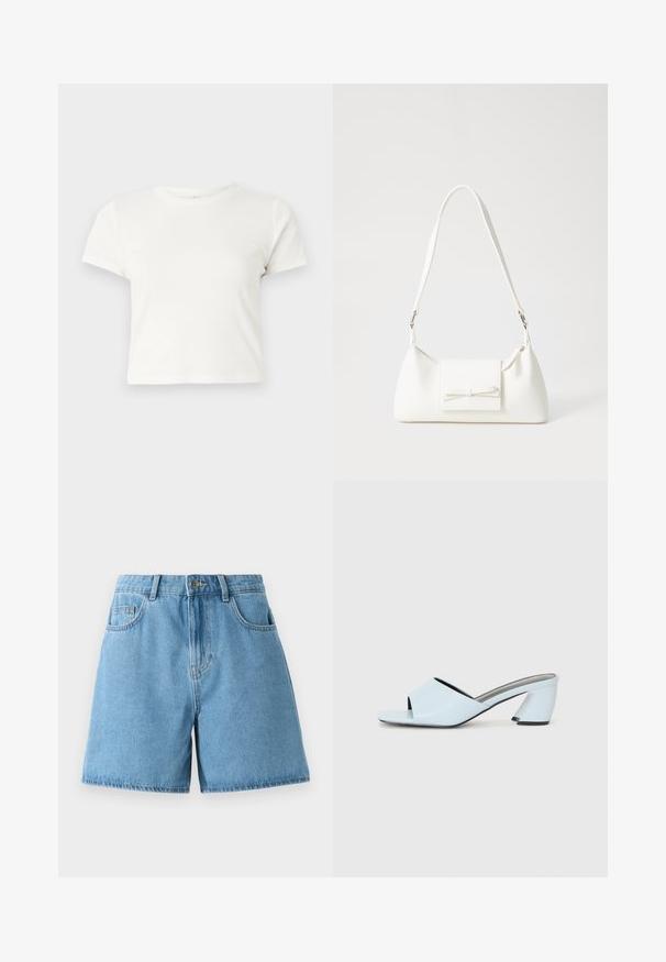 Īsa balta T-kreklā izgatavots no kokvilnas ar īsām piedurknēm, apaļu kakla izgriezumu un taisnu apakšu, piedāvā gludu tekstūru un minimālistisku dizainu.; Gai zilgani džinsi šorti ar augstu jostasvietu, divām priekšējām kabatām un pogu aizdari. Audumam ir gluda tekstūra ar vieglu izbalēšanu.; Gaiši zilas atvērtā purngala papēžu mūlas ar ģeometrisku dizainu, kas ietver platu siksnu pāri pēdai un masīvu, stūrainu papēdi.; Balta sintētiska soma ar trīsstūrveida formu, plakanu priekšējo vāciņu un loku detaļu, regulējamu siksnu, gludu tekstūru un minimālistisku dizainu.