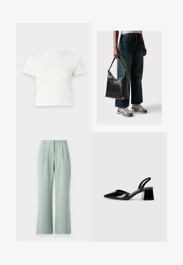 Krátke biele tričko vyrobené z bavlny s krátkymi rukávmi, okrúhlym výstrihom a rovnými okrajmi, s hladkou textúrou a minimálnym dizajnom.; Svetlozelené nohavice širokého strihu s skladmi, s hladkým povrchom a tradičným pásom. Materiál vyzerá ľahký a mäkký.; Čierne lakované kožené sandálové podpätky s špicatou špičkou a geometrickým blokovým podpätkom. Disponujú elegantným, minimalistickým dizajnom a hladkým povrchom.; Čierna kožená taška cez rameno s hladkou textúrou a nastaviteľným popruhom, skombinovaná s vyblednutými širokými džínsy a športovými teniskami.