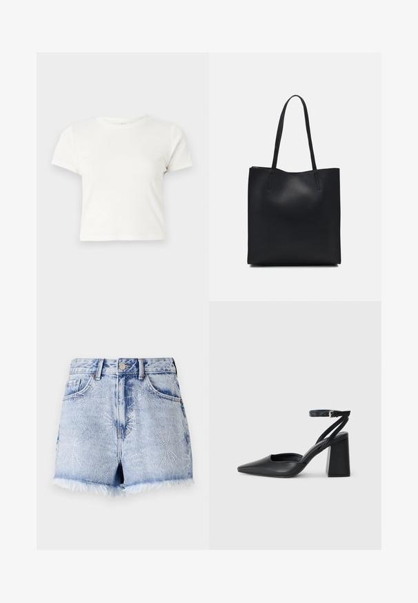 T-shirt branca curta feita de algodão, com mangas curtas, um decote redondo e uma bainha reta, apresentando uma textura suave e um design minimalista.; Calções de ganga em azul claro com uma bainha desfiada. Apresenta aplicações de tachas prateadas em padrões de explosão de estrelas e design tradicional de cinco bolsos.; Sandal com biqueira afilada em couro preto, com cinta no tornozelo e salto grosso. Textura lisa, design elegante e estética minimalista.; Bolsa tote preta em couro com textura lisa, forma retangular e duas alças longas. Sem hardware ou enfeites visíveis.