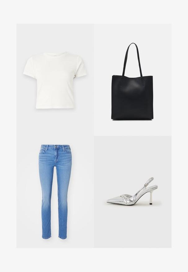 Tricou scurt, alb, din bumbac, cu mâneci scurte, decolteu rotund și margine dreaptă, având o textură netedă și un design minim.; Jeans de denim bleu deschis cu un croi slim, având un design clasic cu cinci buzunare, urechi pentru curea și o închidere frontală cu buton și fermoar.; Pantofii cu toc înalt, argintii, cu vârf ascuțit, finisaj metallic, două curele decorative și un toc subțire cu vârful negru.; Geantă tote neagră din piele, cu textură netedă, formă rectangulară și două mânere lungi. Fără hardware vizibil sau ornamente.