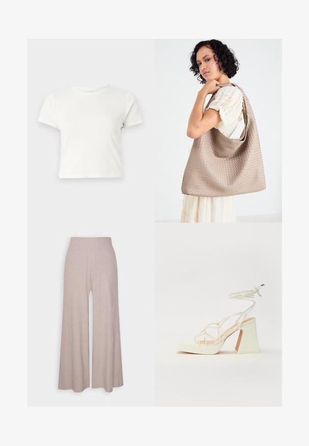 Rövid, fehér, pamut póló, rövid ujjakkal, kerek kivágással és egyenes szegéllyel, sima textúrával és letisztult dizájnnal.; Világosszürke, bőszárú nadrág, puha, bordás anyagból készült, magas derékpánttal és teljes hosszúságú lábakkal, finom textúrával.; Fehér, magassarkú szandál vastag sarokkal, pántos dizájnnal és bokapánttal. Sima textúra, elülső platformmal a megnövelt magasság érdekében.; Szőtt bézs tote táska laza kialakítással és egyetlen vállpánttal. A felületén textúrált minta található.