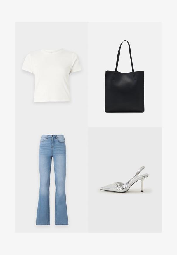 Kratka bela majica iz bombaža s kratkimi rokavi, okroglim ovratnikom in ravnim robom, ki ima gladko teksturo in minimalističen dizajn.; Svijetloplave traperice visokog struka s raširenim nogavicama, s prednjim džepovima, papirom s oznakom i šavovima duž šavova.; Srebrna slingback visoka peta čevlja s špičastim nosom, metalnim finišem, dvema dekorativnima trakama in tanko peto z črnim vrhom.; Črna usnjena torba s svilnato teksturo, pravokotne oblike in dvema dolgima ročajema. Brez vidnih metalnih delov ali okrasnih elementov.