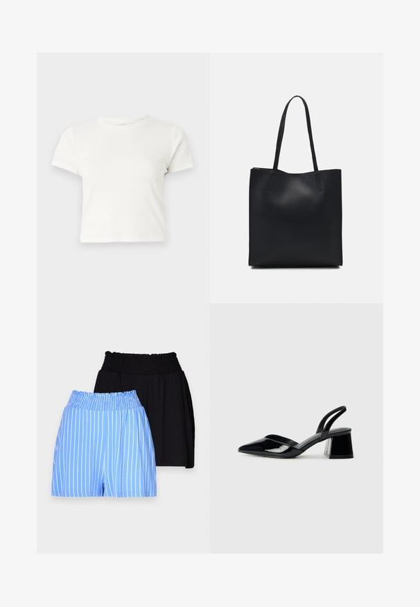Trumpa balta medvilnės marškinėliai su trumpomis rankovėmis, apvaliu kaklu ir tiesiu hemu, pasižyminti lygiu tekstūriu ir minimaliu dizainu.; Du mėlyni šortai su baltais vertikaliais dryžiais ir juodi šortai. Abu pagaminti iš švelnios medžiagos.; Juodos lakuotos odinės šlepetės su smailiu pirštu ir geometriniu bloko kulnu. Turi elegantišką, minimalistinį dizainą ir lygų paviršių.; Juodas odinis tote krepšys su lygia tekstūra, stačiakampio formos ir dviem ilgais rankenomis. Matomų metalinių detalių ar puošybos nėra.