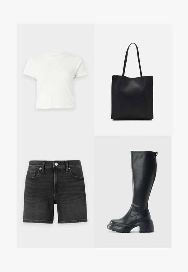 Kratka bijela majica izrađena od pamuka s kratkim rukavima, okruglim izrezom i ravnim rubom, koja se odlikuje glatkom teksturom i minimalnim dizajnom.; Crne traperice kratke hlače s klasičnim dizajnom od pet džepova, s prednjim zatvaranjem na dugme i blagim izblijedjivanjem za teksturu.; Visoke crne kožne čizme s debelim platformskim đonom i blok petom, s patentom za povlačenje i teksturiranim uzorkom na potplatu.; Crna kožna torba za nošenje s glatkom teksturom, pravokutnim oblikom i dvije duge ručke. Nema vidljivih metalnih dijelova ili ukrasa.