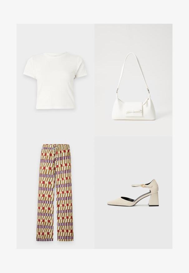 Īsa balta T-kreklā izgatavots no kokvilnas ar īsām piedurknēm, apaļu kakla izgriezumu un taisnu apakšu, piedāvā gludu tekstūru un minimālistisku dizainu.; Krāsaini rakstaini bikses ar regulējamu jostu, izgatavotas no viegla auduma. Dizainā ir svītras sarkanas, zilas un dzeltenas krāsas.; Beige mākslīgās ādas kurpes ar bloķētu papēdi, ar asu purngalu, potītes siksniņu un sīku krokodila tekstūru. Melna iekšējā oderējuma.; Balta sintētiska soma ar trīsstūrveida formu, plakanu priekšējo vāciņu un loku detaļu, regulējamu siksnu, gludu tekstūru un minimālistisku dizainu.