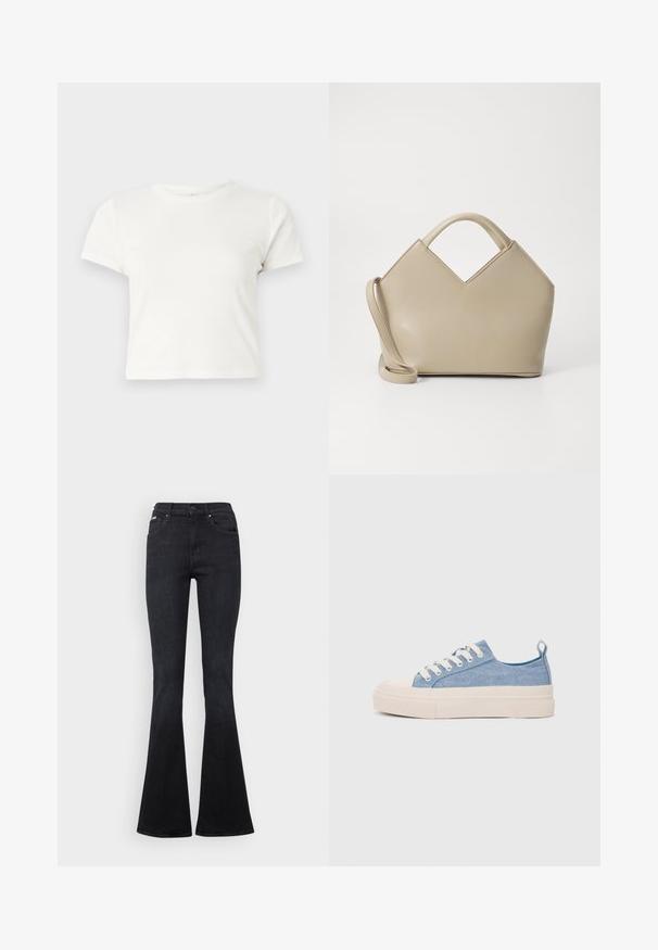 T-shirt branca curta feita de algodão, com mangas curtas, um decote redondo e uma bainha reta, apresentando uma textura suave e um design minimalista.; Calças de ganga pretas à boca de sino, com um design clássico de cinco bolsos, fecho de botão e detalhes de costura subtil.; Ténis de lona azul claro com uma biqueira e sola de borracha creme, apresentando atacadores brancos e uma alça na parte de trás.; Bolsa estruturada bege com um topo em forma de V, material de couro liso, alças curtas e uma alça longa ajustável. Design minimalista.