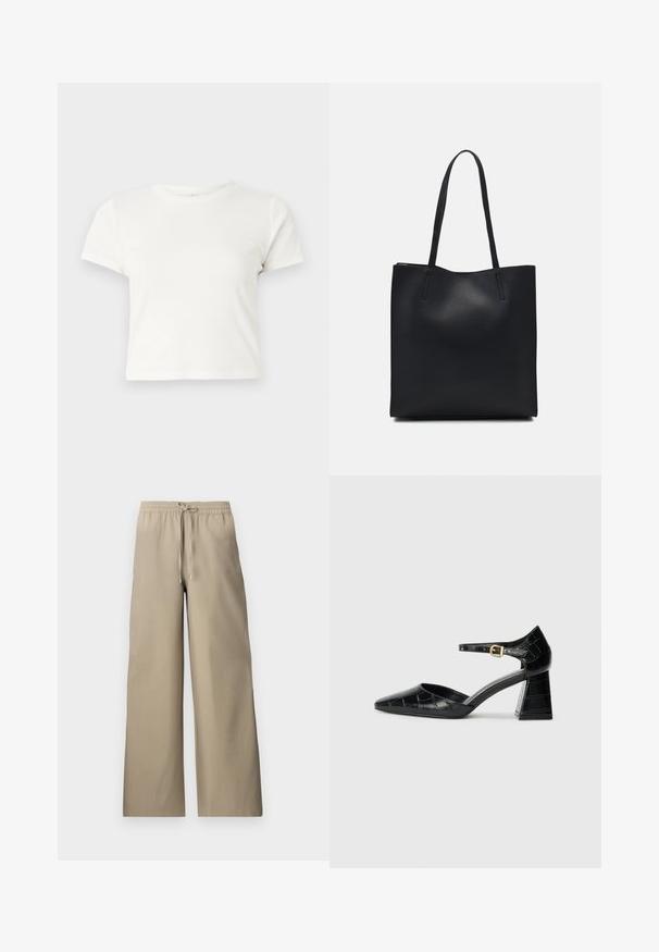 Trumpa balta medvilnės marškinėliai su trumpomis rankovėmis, apvaliu kaklu ir tiesiu hemu, pasižyminti lygiu tekstūriu ir minimaliu dizainu.; Bežinės plačios kojos kelnės su elastinga juosta ir raišteliu, pasižyminčios lygaus audinio tekstūra ir šoninėmis kišenėmis.; Juodos lakinės odos aukštakulniai batai su smailiu kumščiu, kulkšnies dirželiu ir tekstūruotu krokodilo raštu. Kvadratinis stulpelis.; Juodas odinis tote krepšys su lygia tekstūra, stačiakampio formos ir dviem ilgais rankenomis. Matomų metalinių detalių ar puošybos nėra.