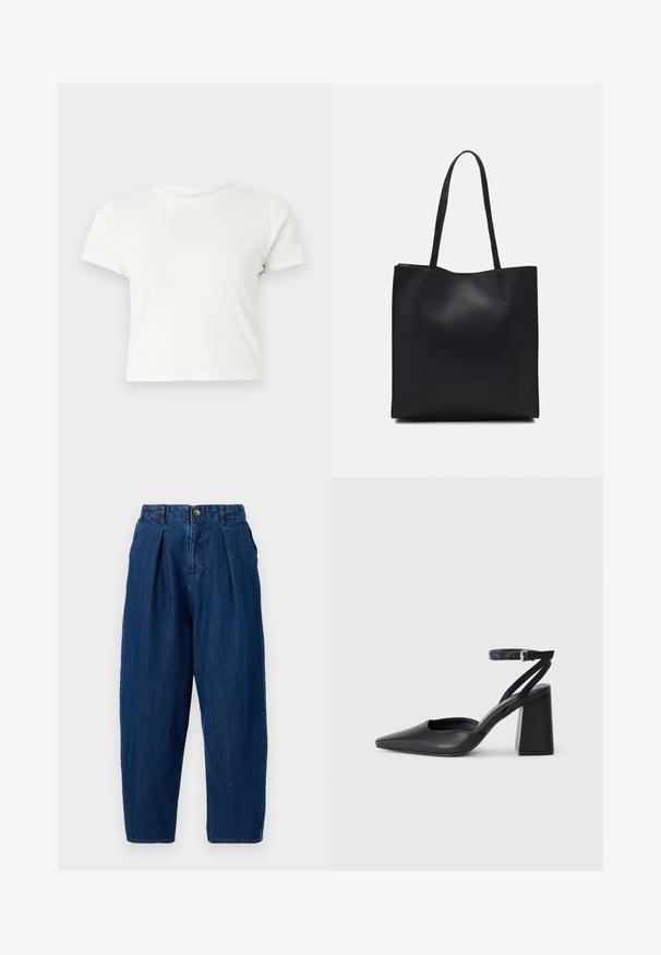 Short white t-shirt made of cotton with short sleeves, a round neckline, and a straight hem, featuring a smooth texture and minimal design.; Dark blue denim trousers with a relaxed fit, featuring pleats at the front, a button closure, and tapered legs.; Black leather pointy-toe pump with an ankle strap and a chunky heel. Flat texture, sleek design, and minimalistic aesthetics.; Black leather tote bag with smooth texture, rectangular shape, and two long handles. No visible hardware or embellishments.