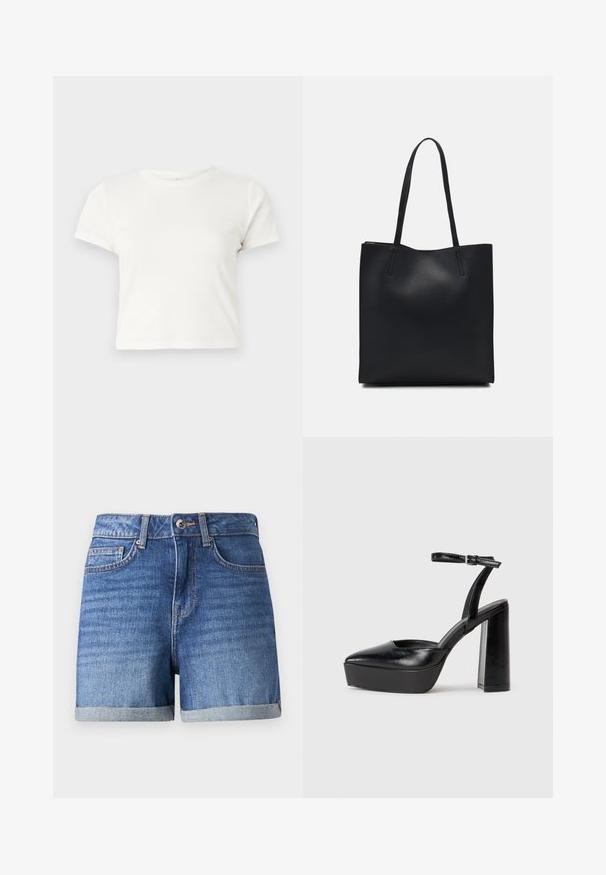 Lühike valge T-särk, mis on valmistatud puuvillast, lühikeste varrukatega, ümmarguse kaelusega ja sirge lõikega, omades sileda tekstuuri ja minimaalset disaini.; Faded sinise denim lühikesed püksid kergete servadega. Omab lukk, eespool taskud ja pehme tekstuur. Nööbiga kinnitamine vööl.; Mustad platvormi kontsad terava ninaga ja reguleeritava pahkluuraamiga. Valmistatud siledast nahast, funktsioneerib massiivse plokknäheeliga.; Mustast nahast kott sujuva tekstuuriga, ristkülikukujuline ja kahe pika sangaga. Pole nähtavat riistvara ega kaunistusi.