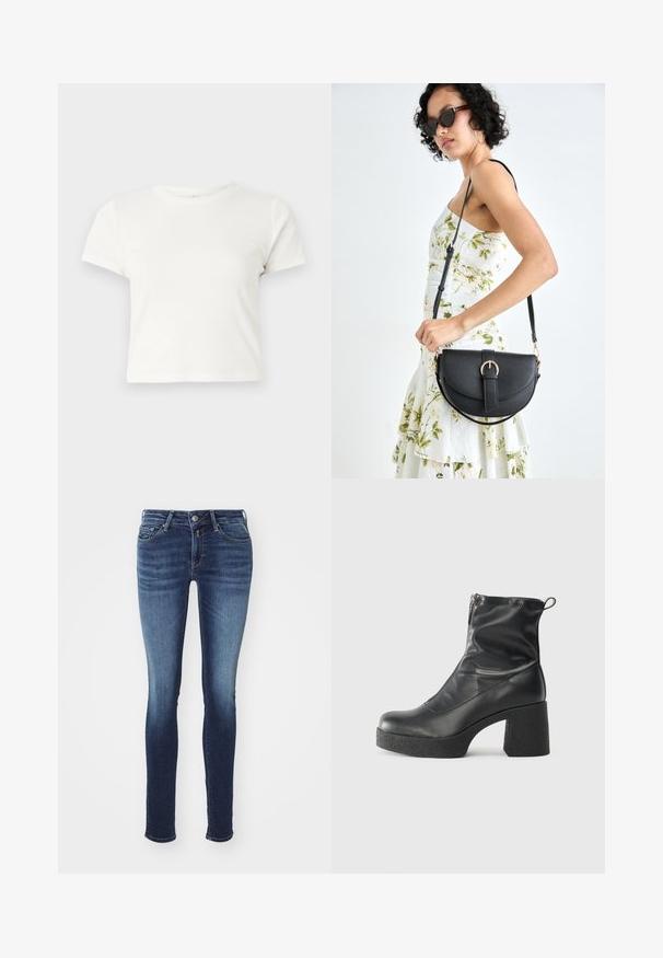 Kratka bela majica iz bombaža s kratkimi rokavi, okroglim ovratnikom in ravnim robom, ki ima gladko teksturo in minimalističen dizajn.; Ožji jeans v temno modrem denimu s spranjem, ki vključuje pet žepov, kovinski gumb in zadrgo.; Črne gležnjarje iz gladke kože z božnim zadrgo, masivnim teksturiranim peto in zaobljeno obliko prstov.; Črna usnjena torbica s ukrivljeno obliko, z odstranljivo naramnico in zlatimi dodatki. Torbica ima pokrov s podrobnostmi v obliki zaponke.