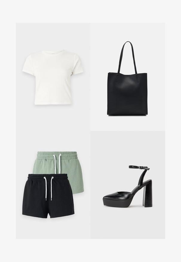T-shirt branca curta feita de algodão, com mangas curtas, um decote redondo e uma bainha reta, apresentando uma textura suave e um design minimalista.; Duas calças curtas: uma verde-claro e uma preta. Ambas apresentam um cós elástico, cordão e são feitas de um suave tecido de algodão.; Saltos altos pretos com bico fino e atilho ajustável no tornozelo. Confeccionados em couro suave, apresentam um salto bloco robusto.; Bolsa tote preta em couro com textura lisa, forma retangular e duas alças longas. Sem hardware ou enfeites visíveis.