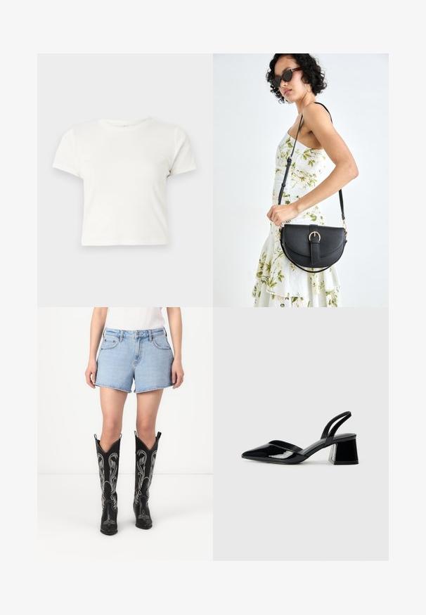 Trumpa balta medvilnės marškinėliai su trumpomis rankovėmis, apvaliu kaklu ir tiesiu hemu, pasižyminti lygiu tekstūriu ir minimaliu dizainu.; Mėlynos džinsinės šortai su klasikiniu kirpimu, derinami su juodais odiniais kaubojiškais šiais, papuoštais baltais siuvinėjimais ir smailėjančiais pirštais.; Juodos lakuotos odinės šlepetės su smailiu pirštu ir geometriniu bloko kulnu. Turi elegantišką, minimalistinį dizainą ir lygų paviršių.; Juodas odinis krepšys su išlenkta forma, nuimamu dirželiu ir auksiniais detalėmis. Krepšys turi kilpą su sagtimi.