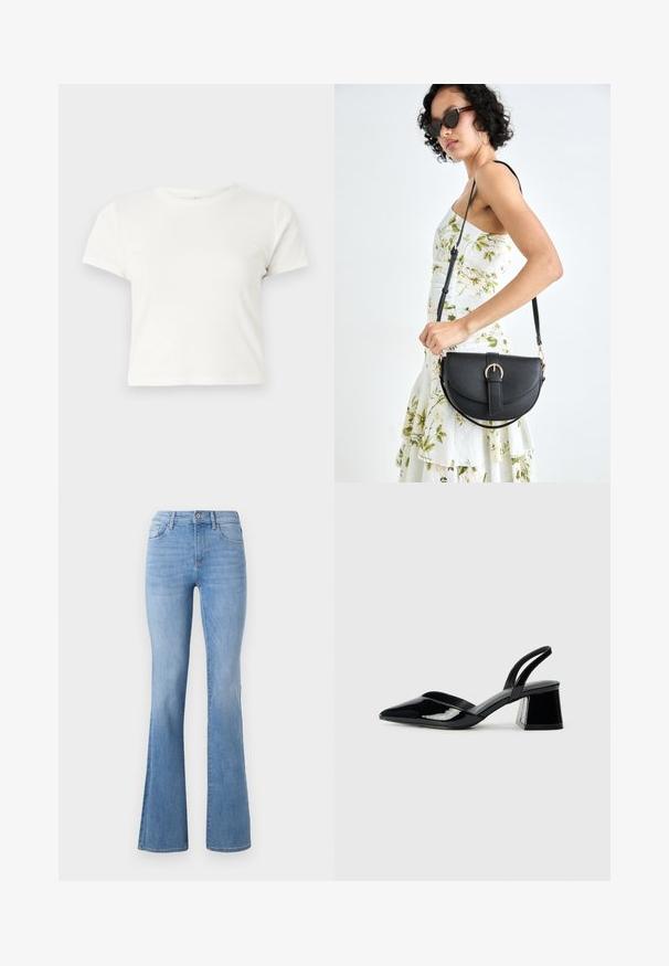 Lühike valge T-särk, mis on valmistatud puuvillast, lühikeste varrukatega, ümmarguse kaelusega ja sirge lõikega, omades sileda tekstuuri ja minimaalset disaini.; Heledad sinine laienev teksariie, millel on keskmise kõrgusega vöökoht, klassikaline viie taskuga disain ja õrn pleekimine jalgadel. Denim kangas.; Mustad musta lakknahk kingad, millel on terav varvas ja geomeetriline plokkkonts. Omab elegantselt minimalistlikku disaini ja sujuvat tekstuuri.; Mustmust mustraha kõverate joontega, eemaldatava rihmaga ja kuldsete detailidega. Kotil on klapp, millel on pandladetail.