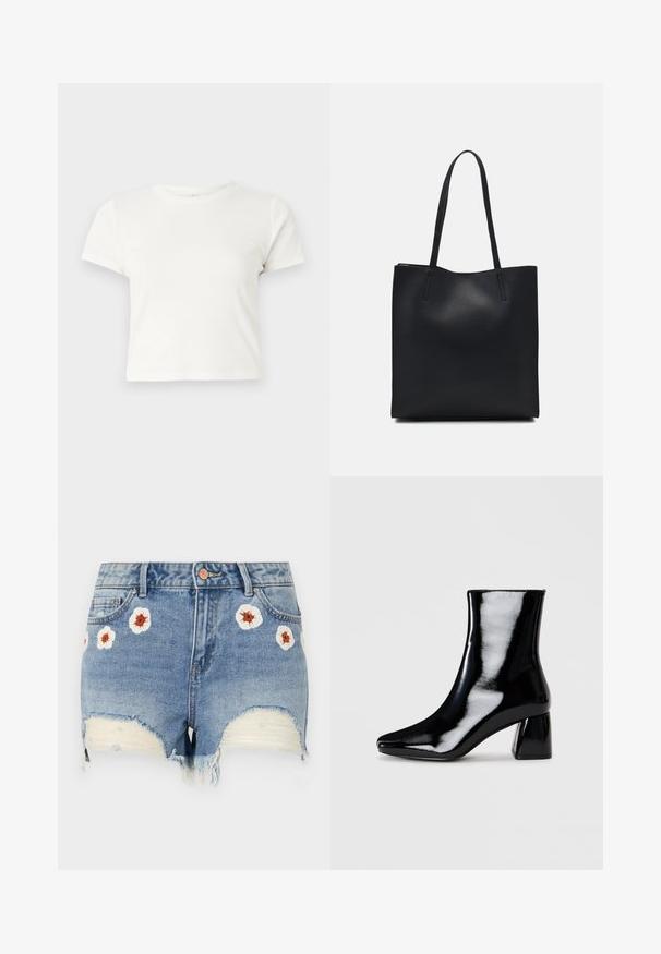 Kratka bijela majica izrađena od pamuka s kratkim rukavima, okruglim izrezom i ravnim rubom, koja se odlikuje glatkom teksturom i minimalnim dizajnom.; Traper šortsevi s rasparenim rubom, svijetloplave boje, s cvjetnim vezom u bijeloj i smeđoj boji oko prednje strane. Dizajn s pet džepova.; Crne lakirane čizme do gležnja s oštrim vrhom i kvadratnom blok potpeticom. Glatka tekstura s visokim sjajem, bez vidljivih ukrasa.; Crna kožna torba za nošenje s glatkom teksturom, pravokutnim oblikom i dvije duge ručke. Nema vidljivih metalnih dijelova ili ukrasa.