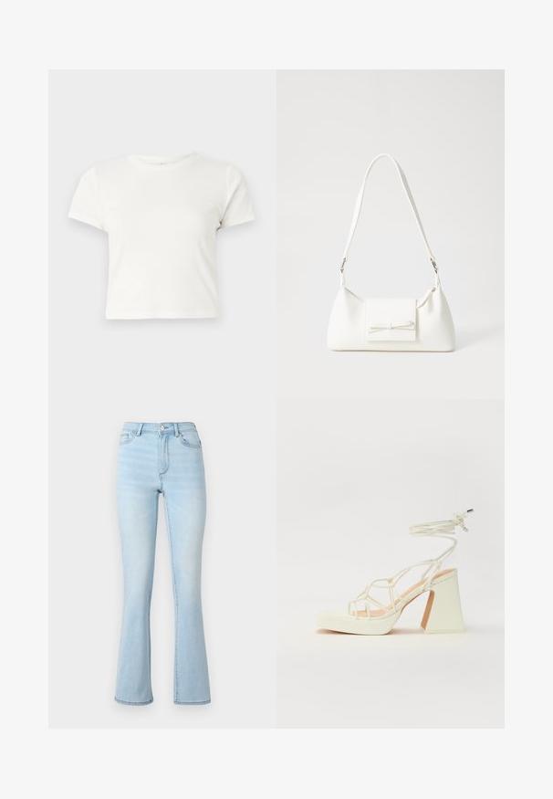 Rövid, fehér, pamut póló, rövid ujjakkal, kerek kivágással és egyenes szegéllyel, sima textúrával és letisztult dizájnnal.; Világoskék, koptatott farmer anyagú, magas derekú, bővülő szabású farmernadrág, öt zsebes kialakítással, a lábakat pedig varrott szegélyek díszítik.; Fehér, magassarkú szandál vastag sarokkal, pántos dizájnnal és bokapánttal. Sima textúra, elülső platformmal a megnövelt magasság érdekében.; Fehér szintetikus kézitáska, háromszög alakú, lapos előlap, masni részlettel, állítható pánttal, sima textúrával és minimalista dizájnnal.