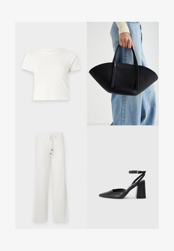 Kratka bela majica iz bombaža s kratkimi rokavi, okroglim ovratnikom in ravnim robom, ki ima gladko teksturo in minimalističen dizajn.; Bele pletene lounge hlače z teksturiranim vzorcem, ki imajo elastičen pas s vrvico in dvema dekorativnima gumboma spredaj.; Črne usnjene klasične čevlje z ostrim nosom, z zaponko za gleženj in debelim peto. Ravna tekstura, eleganten dizajn in minimalistična estetika.; Črna usnjena torbica z edinstveno obliko ventilatorja, z ravnimi ročaji. Površina ima teksturo z drobnimi kamni in minimalističen dizajn.