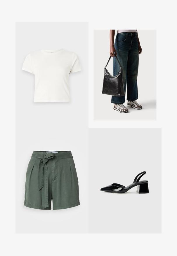 Short white t-shirt made of cotton with short sleeves, a round neckline, and a straight hem, featuring a smooth texture and minimal design.; Green, high-waisted shorts made of soft fabric with a tied belt, pleated front, and side pockets. Tailored design with a casual fit.; Black patent leather slingback heels with a pointed toe and a geometric block heel. Features a sleek, minimal design and smooth texture.; Black leather shoulder bag with a smooth texture and adjustable strap, paired with faded wide-leg jeans and athletic sneakers.