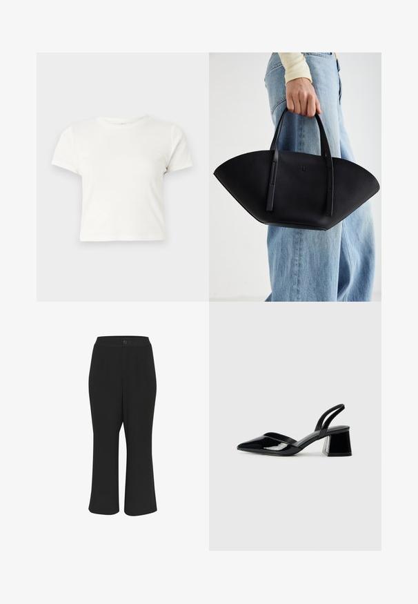 Short white t-shirt made of cotton with short sleeves, a round neckline, and a straight hem, featuring a smooth texture and minimal design.; Black cropped trousers featuring a smooth texture, a button closure, and two front pockets. The design has a straight fit and minimal detailing.; Black patent leather slingback heels with a pointed toe and a geometric block heel. Features a sleek, minimal design and smooth texture.; Black leather handbag with a unique fan shape, featuring flat handles. The surface has a pebbled texture and a minimalistic design.