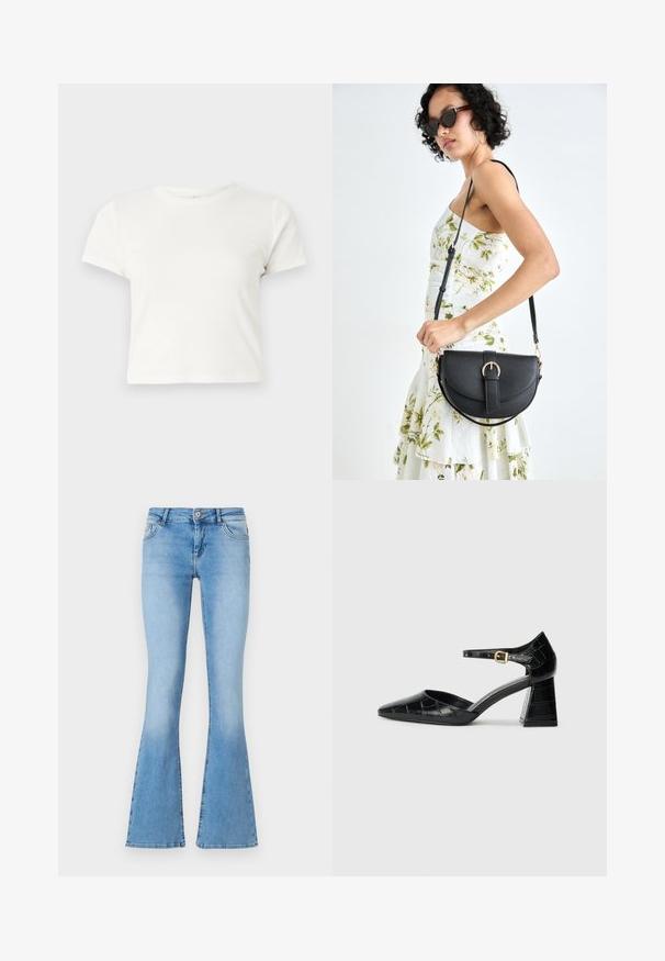 Krátke biele tričko vyrobené z bavlny s krátkymi rukávmi, okrúhlym výstrihom a rovnými okrajmi, s hladkou textúrou a minimálnym dizajnom.; Svetlomodré rozšírené džínsy vyrobené z denimu s mierne zvýšeným pásom, obsahujúce predné vrecká a švy s detailným prešívaním pozdĺž švov a lemov.; Čierna lakovaná kožená vysoká opätková topánka s špicatou špičkou, remienkom okolo členka a textúrovaným vzorom krokodíla. Dizajn so štvorcovým blokovým opätkom.; Čierna kožená kabelka s zaobleným tvarom, odnímateľným popruhom a zlatými doplnkami. Kabelka má klopu s detailom s prackou.
