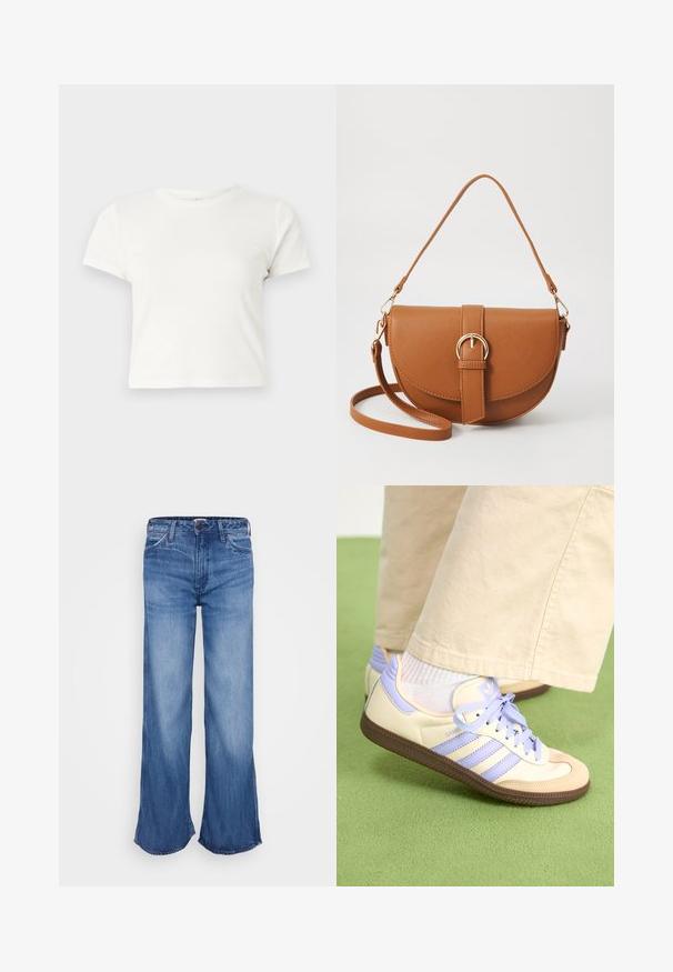 Camiseta corta blanca de algodón con mangas cortas, cuello redondo y dobladillo recto, con una textura suave y un diseño minimalista.; Vaqueros de denim de color azul claro, de pierna ancha y cintura alta, con dobladillo sin rematar. Presentan cinco bolsillos, trabillas para cinturón y un ligero desvanecimiento en la tela.; Zapatillas de crema y lavanda con tres rayas y una suela marrón texturizada, que cuentan con cordones y un talón acolchado. Parte superior de tela suave.; Bolso bandolera de cuero marrón con forma curvada, herrajes dorados y un acento de hebilla. Incluye una correa de hombro desmontable.