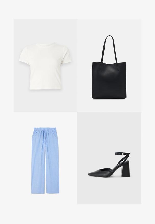 Rövid, fehér, pamut póló, rövid ujjakkal, kerek kivágással és egyenes szegéllyel, sima textúrával és letisztult dizájnnal.; Kék pizsama nadrág függőleges csíkozással és apró geometriai mintákkal. Rugalmas derékpánttal és zsinórral, valamint oldalsó zsebekkel rendelkezik.; Fekete bőr, hegyes orrú magassarkú cipő boka pánttal és vastag sarokkal. Sima textúra, elegáns dizájn és minimális esztétika.; Fekete bőrtáska sima felszínnel, téglalap alakú, két hosszú füllel. Nincs látható fémkiegészítő vagy díszítés.