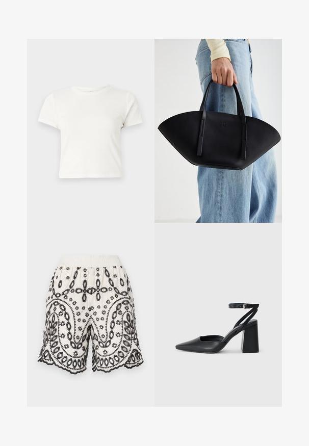 T-shirt blanc court en coton avec des manches courtes, un col rond et un ourlet droit, présentant une texture lisse et un design minimal.; Shorts en tissu blanc avec une broderie noire complexe, présentant des motifs floraux et des motifs de type paisley, une taille élastique et des bords festonnés.; Escarpin noir en cuir à bout pointu avec une bride de cheville et un talon épais. Texture lisse, design élégant et esthétique minimaliste.; Sac à main en cuir noir avec une forme de éventail unique, doté de poignées plates. La surface présente une texture granuleuse et un design minimaliste.