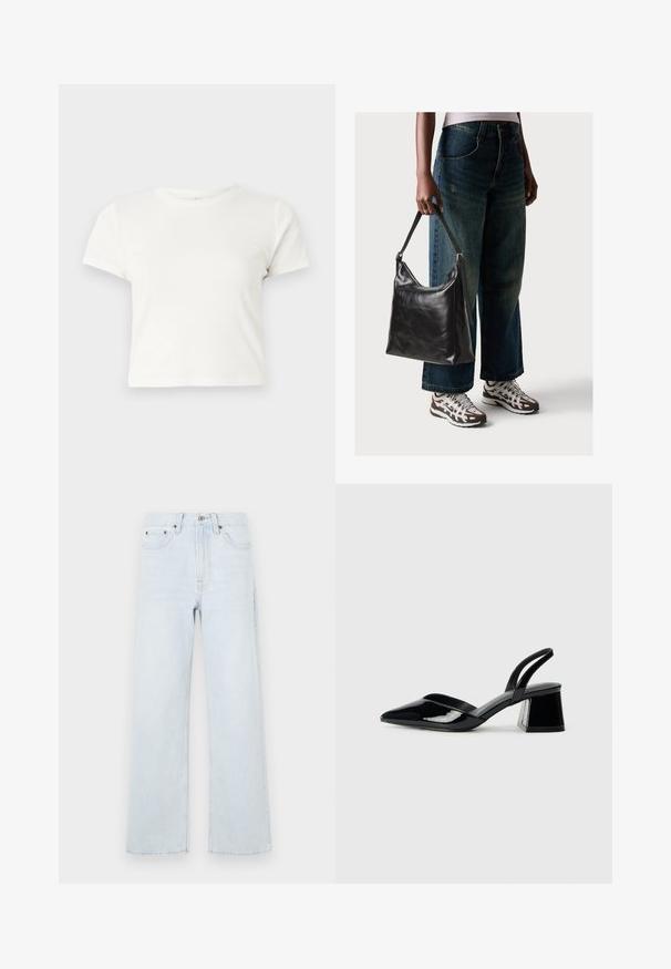 T-shirt blanc court en coton avec des manches courtes, un col rond et un ourlet droit, présentant une texture lisse et un design minimal.; Jeans en denim bleu clair avec une coupe large, dotés d'une fermeture à bouton, de cinq poches et de détails de couture subtils.; Escarpins en cuir verni noir avec bout pointu et talon bloc géométrique. Présente un design élégant et minimaliste ainsi qu'une texture lisse.; Sac à bandoulière en cuir noir avec une texture lisse et une bandoulière réglable, associé à un jean ample décoloré et des baskets de sport.