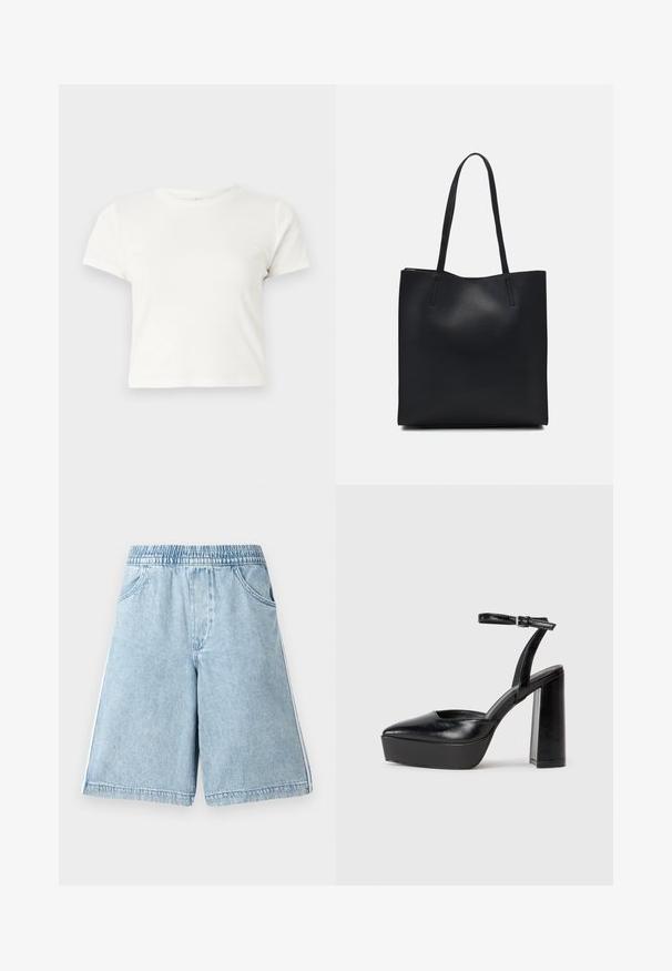 Tricou scurt, alb, din bumbac, cu mâneci scurte, decolteu rotund și margine dreaptă, având o textură netedă și un design minim.; Șorturi din denim de culoare albastru deschis, cu talie elastică, buzunare laterale și dungi albe pe lateral, având o croială lejeră și o textură netedă.; Pantofi cu toc platformă negri, cu vârful ascuțit și curea reglabilă la gleznă. Confecționați din piele netedă, având un toc gros.; Geantă tote neagră din piele, cu textură netedă, formă rectangulară și două mânere lungi. Fără hardware vizibil sau ornamente.