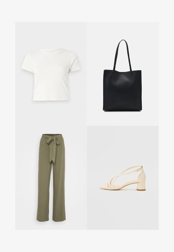 Trumpa balta medvilnės marškinėliai su trumpomis rankovėmis, apvaliu kaklu ir tiesiu hemu, pasižyminti lygiu tekstūriu ir minimaliu dizainu.; Olivinės žaliai plačios kelnės su diržu, pagamintos iš tekstūruoto audinio, turinčio lygų paviršių ir pritaikytą supjaustymą.; Bežiniai aukštakulniai sandalai su bloko kulnu, juostelių dizainu ir reguliuojama kulkšnies juostele, pagaminti iš lygaus sintetinės medžiagos su matinio paviršiaus apdaila.; Juodas odinis tote krepšys su lygia tekstūra, stačiakampio formos ir dviem ilgais rankenomis. Matomų metalinių detalių ar puošybos nėra.
