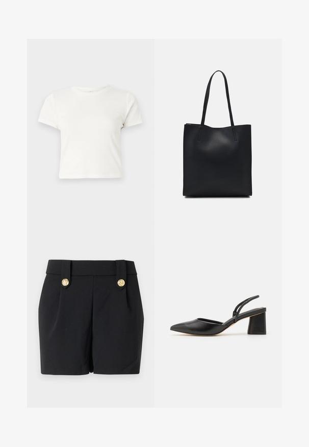 Lühike valge T-särk, mis on valmistatud puuvillast, lühikeste varrukatega, ümmarguse kaelusega ja sirge lõikega, omades sileda tekstuuri ja minimaalset disaini.; Mustad mustad, millel on kohandatud disain, kullatoonilised dekoratiivnupud ja sile tekstuur. Ilma taskute ja nähtavate õmblusteta.; Musthave musta teravikutega slingback king, valmistatud siledast nahast, madala plokk-kandiga ja peene rihmaga taga, mis tagab kindla sobivuse.; Mustast nahast kott sujuva tekstuuriga, ristkülikukujuline ja kahe pika sangaga. Pole nähtavat riistvara ega kaunistusi.