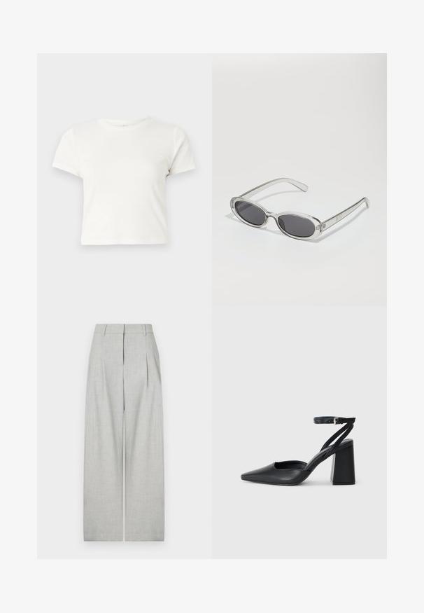 Short white t-shirt made of cotton with short sleeves, a round neckline, and a straight hem, featuring a smooth texture and minimal design.; Light gray wide-leg trousers made of textured fabric, featuring front pleats, a clean waistband, and no visible pockets.; Black leather pointy-toe pump with an ankle strap and a chunky heel. Flat texture, sleek design, and minimalistic aesthetics.; Sunglasses with an oval shape, clear plastic frame, dark gray lenses, and thin transparent arms featuring logo accents and minimal detailing.; Black leather handbag with a curved shape, detachable strap, and gold hardware. The bag features a flap with a buckle detail.