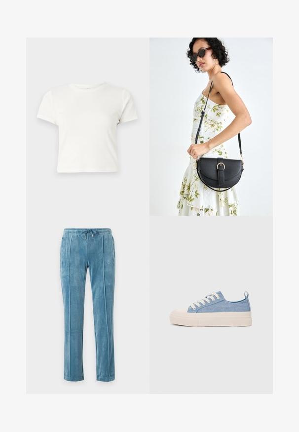 T-shirt branca curta feita de algodão, com mangas curtas, um decote redondo e uma bainha reta, apresentando uma textura suave e um design minimalista.; Calças de veludo macio azul claro, com cintura elástica e cordão, apresentando dois bolsos laterais e detalhes de piping à frente.; Ténis de lona azul claro com uma biqueira e sola de borracha creme, apresentando atacadores brancos e uma alça na parte de trás.; Bolsa de couro preta com forma curva, alça destacável e detalhes em dourado. A bolsa possui uma aba com detalhe de fivela.