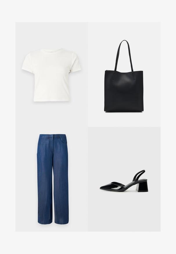 Short white t-shirt made of cotton with short sleeves, a round neckline, and a straight hem, featuring a smooth texture and minimal design.; Wide-leg denim trousers in dark blue. Made of cotton with a smooth texture. Features two front pockets and a button closure at the waist.; Black patent leather slingback heels with a pointed toe and a geometric block heel. Features a sleek, minimal design and smooth texture.; Black leather tote bag with smooth texture, rectangular shape, and two long handles. No visible hardware or embellishments.