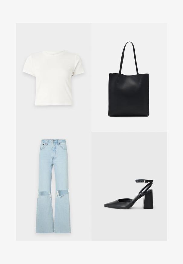 Camiseta corta blanca de algodón con mangas cortas, cuello redondo y dobladillo recto, con una textura suave y un diseño minimalista.; Jeans de mezclilla azul claro acampanados con detalles de rodilla desgastados, que cuentan con una cintura alta y un dobladillo sin terminar. Costuras reforzadas y estilo clásico de cinco bolsillos.; Zapato de tacón puntiagudo de cuero negro con tira en el tobillo y tacón ancho. Textura plana, diseño elegante y estética minimalista.; Bolso tote de cuero negro con textura lisa, forma rectangular y dos asas largas. Sin herrajes ni adornos visibles.