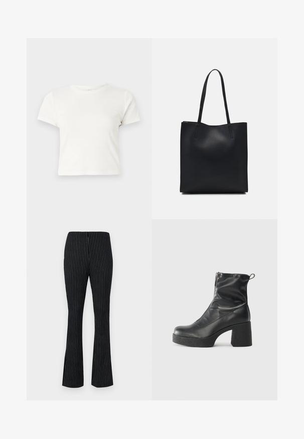 Lühike valge T-särk, mis on valmistatud puuvillast, lühikeste varrukatega, ümmarguse kaelusega ja sirge lõikega, omades sileda tekstuuri ja minimaalset disaini.; Mustad flared püksid valgete vertikaalsete triipudega, millel on elastne vöökoht ja sile tekstuur.; Mustad mustad ansapüksid, mis on valmistatud siledast nahast, külje zipperiga, paksu tekstuuriga kontsaga ja ümmarguse nina disainiga.; Mustast nahast kott sujuva tekstuuriga, ristkülikukujuline ja kahe pika sangaga. Pole nähtavat riistvara ega kaunistusi.