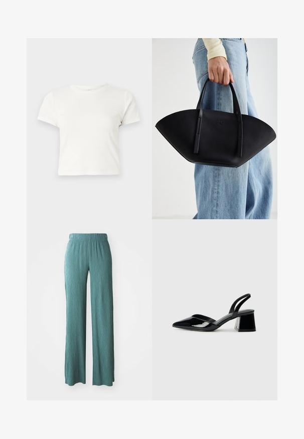 Krátke biele tričko vyrobené z bavlny s krátkymi rukávmi, okrúhlym výstrihom a rovnými okrajmi, s hladkou textúrou a minimálnym dizajnom.; Svetlo modrozelené nohavice s širokými nohavicami vyrobené z textúrovanej látky, so elastickým pásom, s uvoľneným strihom a rovnými nohavicami.; Čierne lakované kožené sandálové podpätky s špicatou špičkou a geometrickým blokovým podpätkom. Disponujú elegantným, minimalistickým dizajnom a hladkým povrchom.; Čierna kožená kabelka s jedinečným tvarom ventilátora, so plochými držadlami. Povrch má štruktúru s brúseným efektom a minimalistic design.