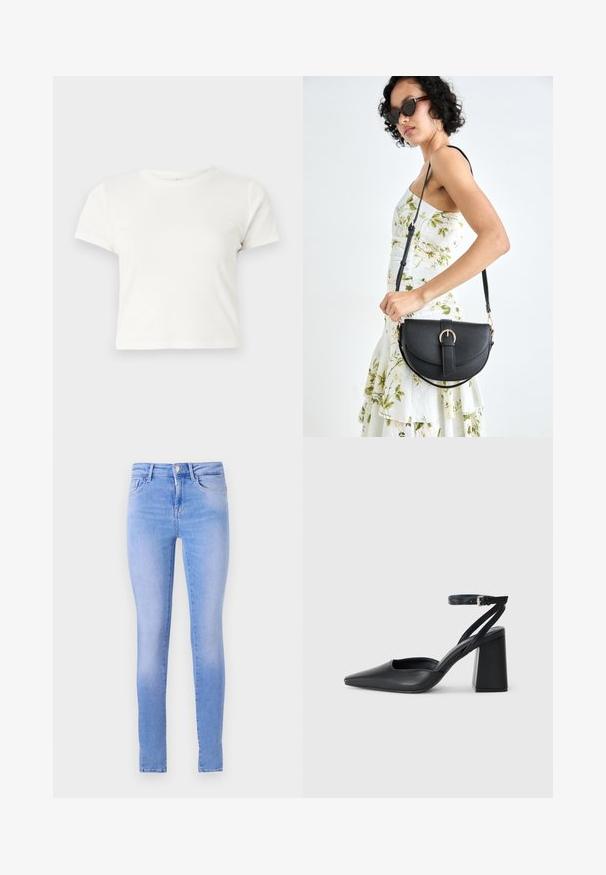 T-shirt branca curta feita de algodão, com mangas curtas, um decote redondo e uma bainha reta, apresentando uma textura suave e um design minimalista.; Jeans skinny azul claro com um efeito desbotado, apresentando um design de cinco bolsos, fecho na parte da frente e uma barra limpa.; Sandal com biqueira afilada em couro preto, com cinta no tornozelo e salto grosso. Textura lisa, design elegante e estética minimalista.; Bolsa de couro preta com forma curva, alça destacável e detalhes em dourado. A bolsa possui uma aba com detalhe de fivela.