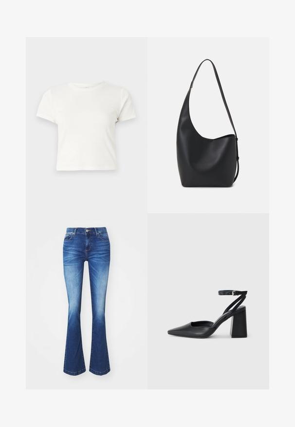 Krátke biele tričko vyrobené z bavlny s krátkymi rukávmi, okrúhlym výstrihom a rovnými okrajmi, s hladkou textúrou a minimálnym dizajnom.; Rozšírené modré riflové nohavice s nádychom od svetlej po tmavú farbu. Obsahujú predné vrecká, zips a kovové zapínanie na gombík.; Čierne kožené lodičky s špicatou špičkou a členkovým remienkom, s masívnym podpätkom. Hladký povrch, elegantný dizajn a minimalistická estetika.; Čierna kožená hobo taška so hladkou textúrou, zakriveným tvarom a jedným nastaviteľným popruhom; má široké otvorenie na vrchu.; Strieborné kruhové náušnice s hladkým, okrúhlym dizajnom a lesklým povrchom. Sú tenké a ľahké, s jednoduchým uzáverom.