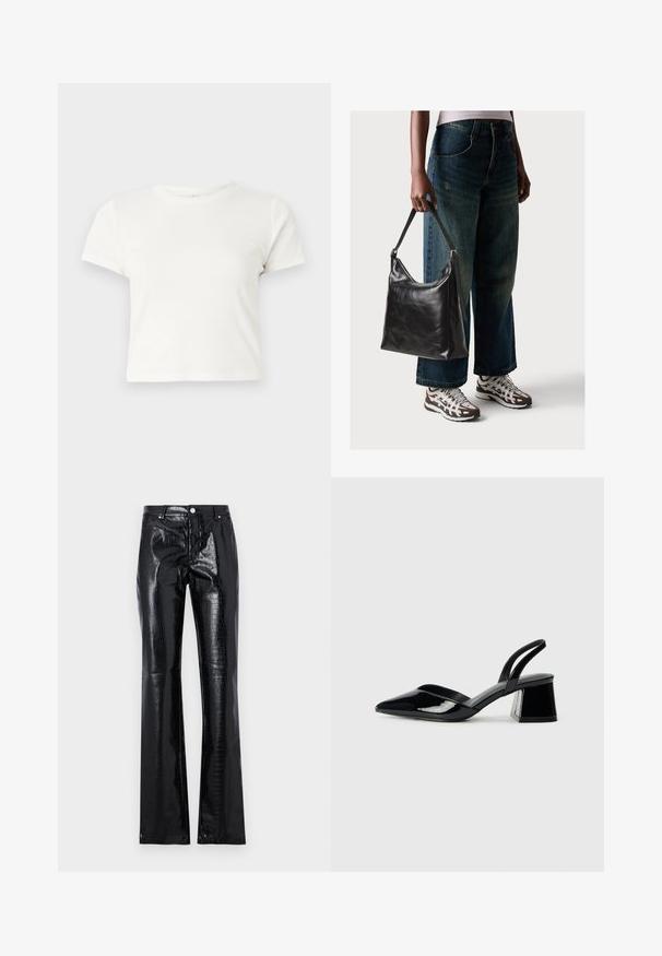 T-shirt blanc court en coton avec des manches courtes, un col rond et un ourlet droit, présentant une texture lisse et un design minimal.; Pantalons noirs taille haute en simili cuir brillant, présentant une texture crocodile, une coupe slim et un design à jambes évasées.; Escarpins en cuir verni noir avec bout pointu et talon bloc géométrique. Présente un design élégant et minimaliste ainsi qu'une texture lisse.; Sac à bandoulière en cuir noir avec une texture lisse et une bandoulière réglable, associé à un jean ample décoloré et des baskets de sport.
