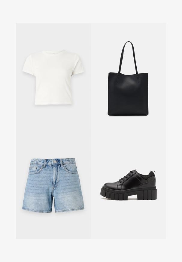 T-shirt branca curta feita de algodão, com mangas curtas, um decote redondo e uma bainha reta, apresentando uma textura suave e um design minimalista.; Shorts de denim azul claro com cintura alta, design de cinco bolsos e costura em contraste. O tecido tem um aspeto desbotado e desgastado.; Sapatos de plataforma em couro preto com um salto bloco robusto, bico redondo e design clássico de atacadores. Apresentam uma textura suave e detalhes mínimos.; Bolsa tote preta em couro com textura lisa, forma retangular e duas alças longas. Sem hardware ou enfeites visíveis.