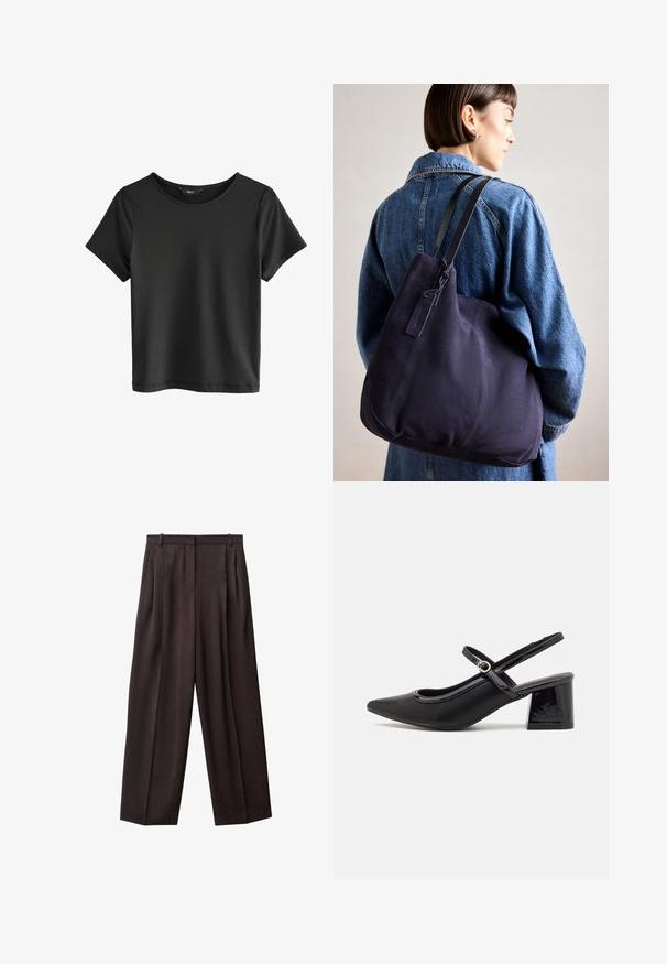 T-shirt negru cu mânecă scurtă și guler rotund. Fabricat dintr-un material moale, cu o textură fină și un design simplu, minimalist.; Pantaloni largi din stofă de culoare maro închis. Caracteristicile includ pliuri în față, un tiv cu bucle pentru curea și buzunare laterale. Textură netedă.; Cizme cu toc slingback din piele sintetică lacuită neagră, cu vârful ascuțit, un design cu decupaj rotunjit și toc bloc. Include un accent cu cataramă de culoare aurie.; Geantă de umăr din pânză navy cu o formă moale și structurată, având o curea neagră, detalii cusute și un eticheta mică a brandului.