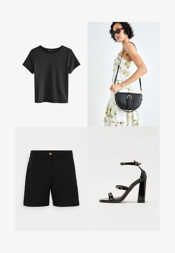 Svart kortärmad t-shirt med rund halsringning. Tillverkad av mjukt material, med en slät textur och enkel, minimal design.; Svarta linnebyxor med en strömlinjeformad design, försedd med en enda träknapp i midjan och rullad fåll. Slät textur med sidofickor.; Svarta lackerade högklackade sandaler med två spännband, fyrkantig tå och en tjock klack, med en slät och glansig yta.; Svart läderhandväska med en böjd form, avtagbar rem och guldiga detaljer. Väskan har ett lock med en spänndetalj.