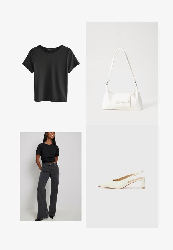 Must have mustriga lühikeste varrukatega T-särk ümarate kaelusega. Valmistatud pehmest kangast, millel on sile tekstuur ja lihtne, minimalistlik disain.; Mustreeritud must sobiv T-särk, millele on lisatud kõrge vöökoht ja laiad mustad teksad. Kangas näeb välja tekstureeritud. Mustad terava nina kõrge kontsaga kingad lõpetavad välimuse.; Valge patentnahast slingback king, millel on terav varvas ja madal plokkkonts. Omab peent rihma koos kuldse detailiga. ; Valge sünteetilisest materjalist kott kolmnurkse kujuga, lame esiklapiga ja kaaredetailiga, reguleeritava rihmaga, sileda tekstuuriga ja minimalistliku disainiga.