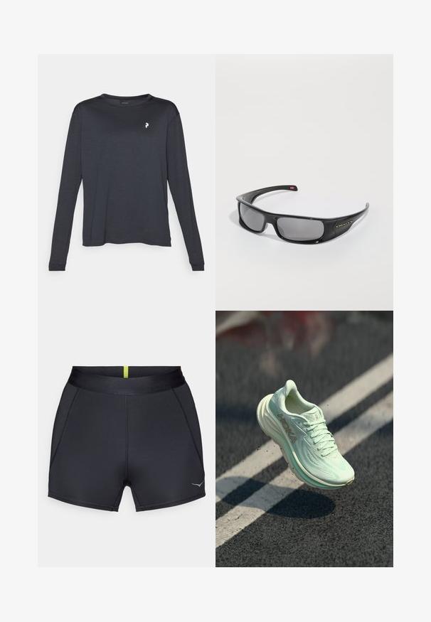 Tmavé dlouhé rukávy tričko z texturované tkaniny, které má kulatý výstřih a malé bílé logo na levé části hrudi.; Černé sportovní šortky s hladkým povrchem, vybavené širokým elastickým pasem a úzkým střihem. Na zadní straně je viditelný tenký žlutý pruh.; Běžecká obuv HOKA v světle mátově zelené barvě, s texturovaným síťovaným svrškem, kulatou špičkou, polstrovanou podrážkou a výrazným logem na boku.; Černé sluneční brýle Oakley ve tvaru obrouček s tmavými obdélníkovými skly a zakřivenými stranami na čistě bílém pozadí.