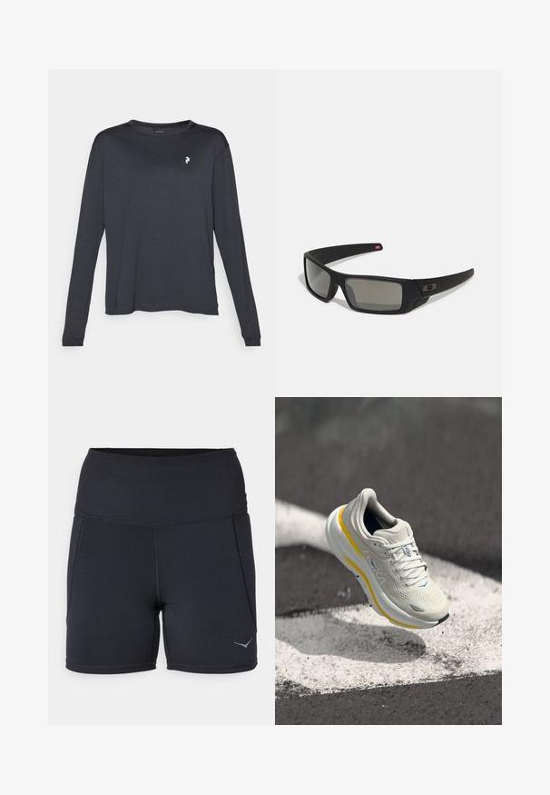 Tamna majica dugih rukava od teksturiranog materijala, s okruglim izrezom i malim bijelim logom na lijevoj strani prsnog područja.; Crne sportske kratke hlače s visokim strukom, izrađene od elastične tkanine. Imaju ravne šavove i mali logo na lijevoj nozi.; Svijetlosivi trkački tenisice s žutim akcentima; mrežasti gornji dio, uložak s amortizacijom i suptilne plave detalje. Izraziti logo branda sa strane.; Crne sunčane naočale s mat površinom, pravokutnim staklima, blagim zakrivljenjima na sljepoočnicama, suptilnim logotipom i dimnim staklima.