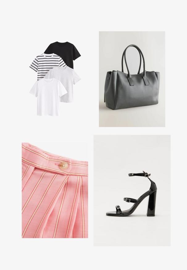 Cztery koszulki: jedna czarna, jedna biała, jedna szara i jedna w poziome czarne i białe paski. Wszystkie mają krótkie rękawy i okrągłe dekolty.; Jasnoróżowa tkanina z pionowymi czerwonymi paskami, luźnymi fałdami i zaokrąglonym zapięciem w talii. Gładka tekstura.; Czarne lakierowane sandały na obcasie z kwadratowym noskiem, z paskami wokół kostki i srebrnymi klamrami. Posiadają masywny słupek dla stabilności.; Szara skórzana torebka na ramię z podwójnymi uchwytami, prostokątny kształt, gładka faktura i minimalistyczny design. Posiada płaskie panele boczne i subtelne przeszycia.